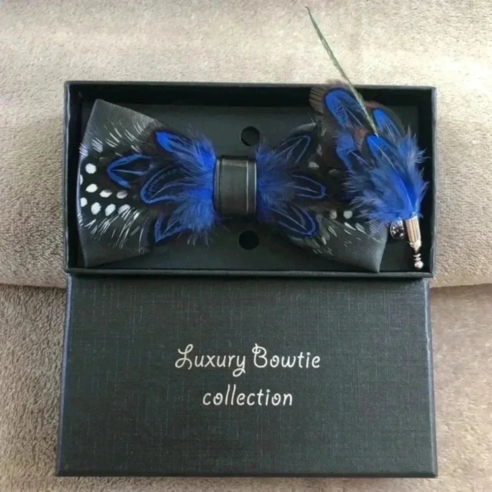 Spotted Black & Cobalt Luxury Leather Feather Bowtie and Lapel Pin Set Italy - Picture 4 of 5